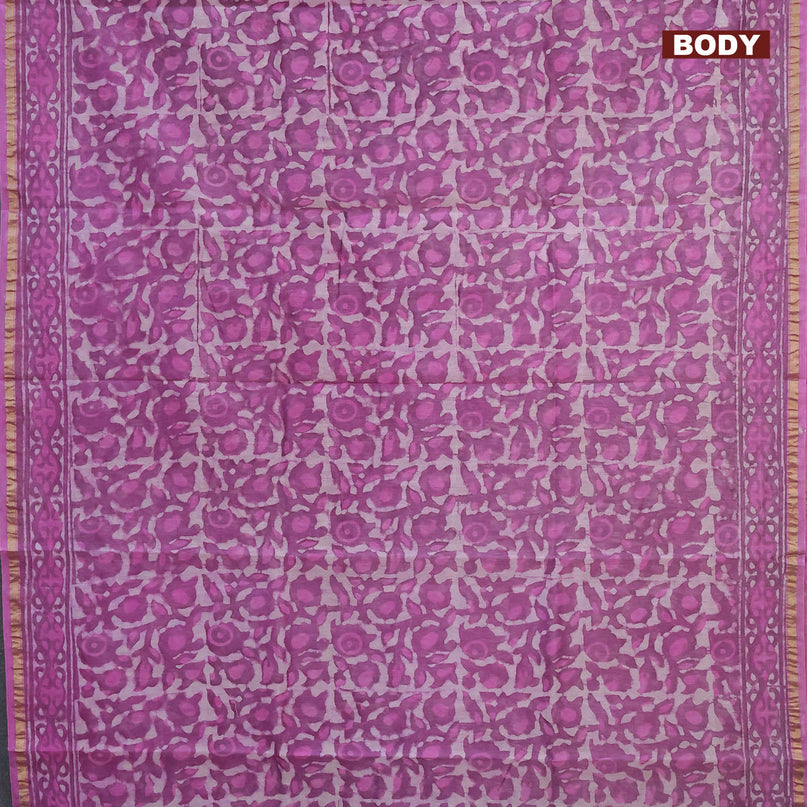 Chanderi bagru saree purple with allover prints and zari woven piping border