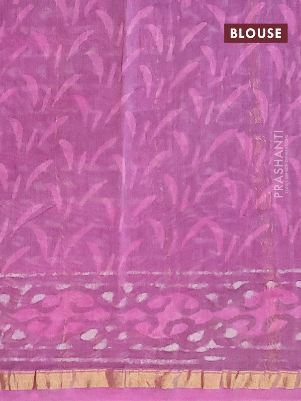 Chanderi bagru saree purple with allover prints and zari woven piping border