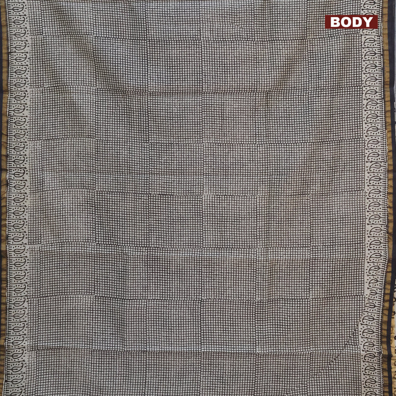 Chanderi bagru saree beige and black with allover checks pattern and zari woven piping border
