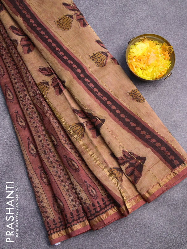 Chanderi bagru saree rustic brown with allover prints and zari woven piping border