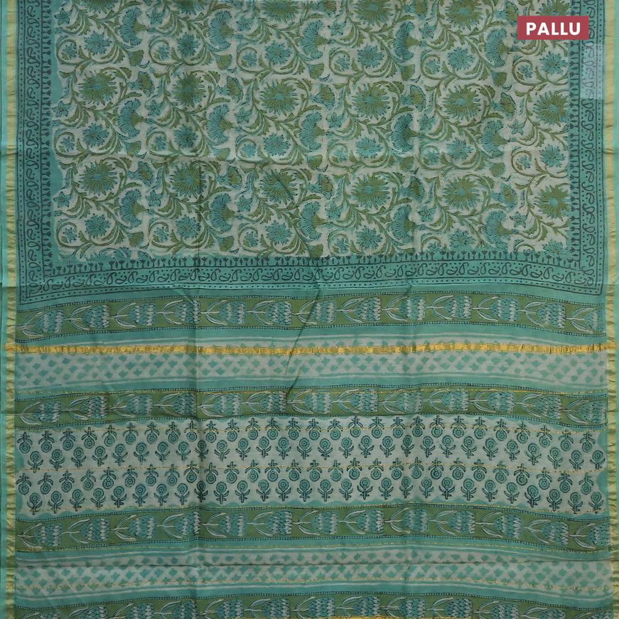 Chanderi bagru saree beige and green with allover floral prints and zari woven piping border