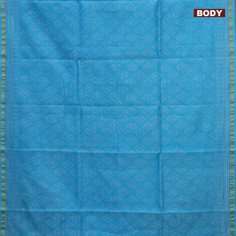 Chanderi bagru saree cs blue with allover butta prints and zari woven piping border