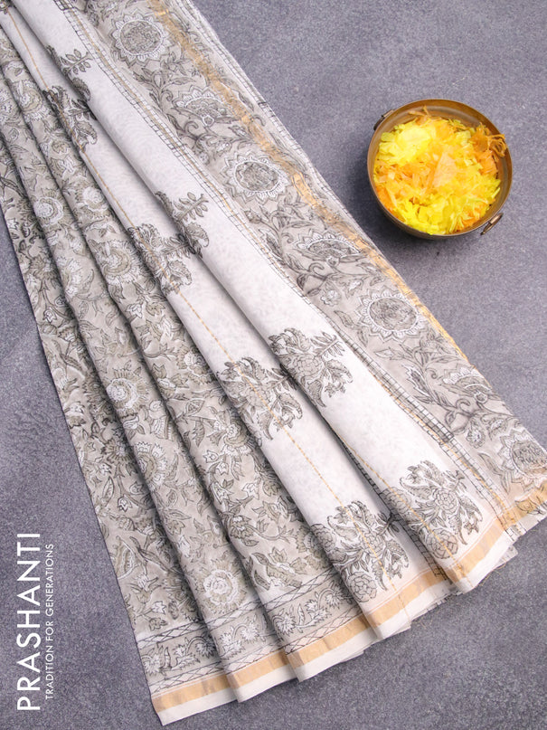 Chanderi bagru saree grey shade with allover kalamkari prints and zari woven piping border