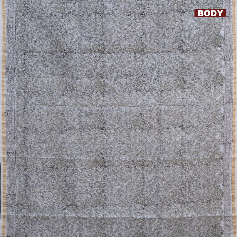 Chanderi bagru saree grey shade with allover kalamkari prints and zari woven piping border