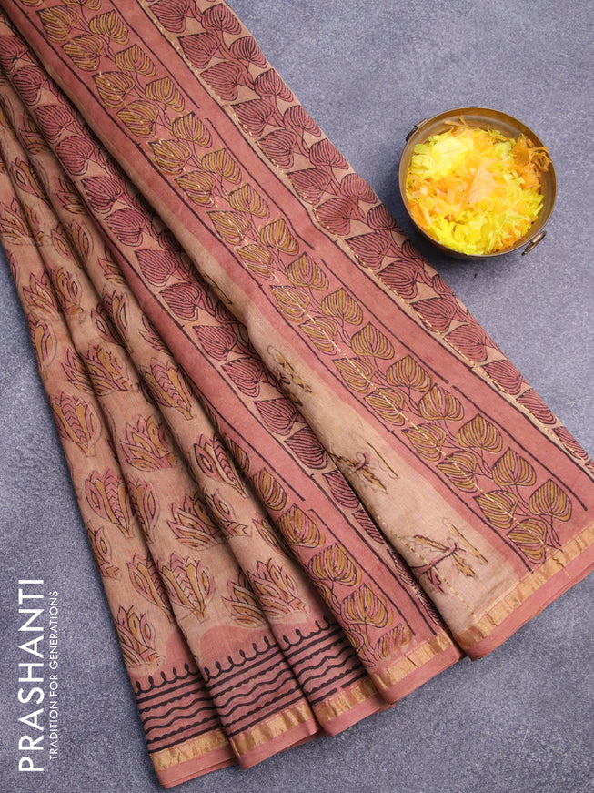 Chanderi bagru saree brown with allover prints and zari woven piping border