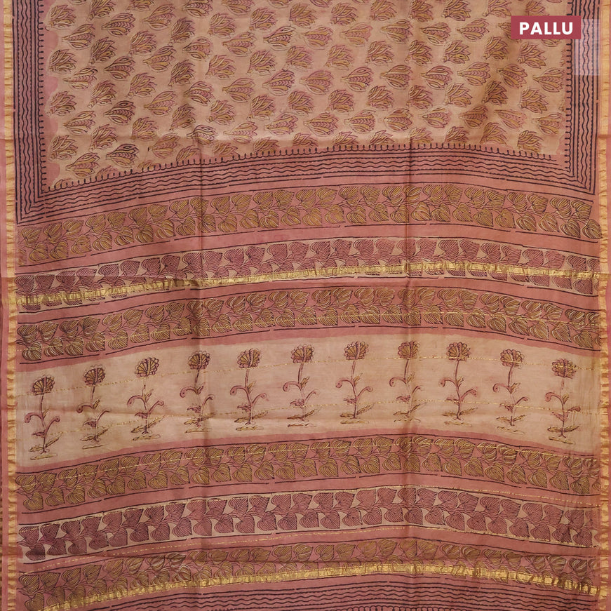Chanderi bagru saree brown with allover prints and zari woven piping border