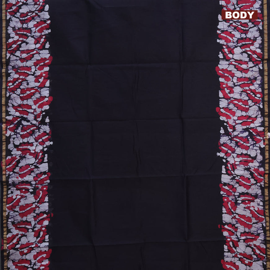 Chanderi bagru saree black and pink with batik prints and zari woven piping border