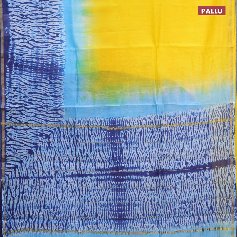 Chanderi bagru saree yellow and blue with shibori prints and zari woven piping border