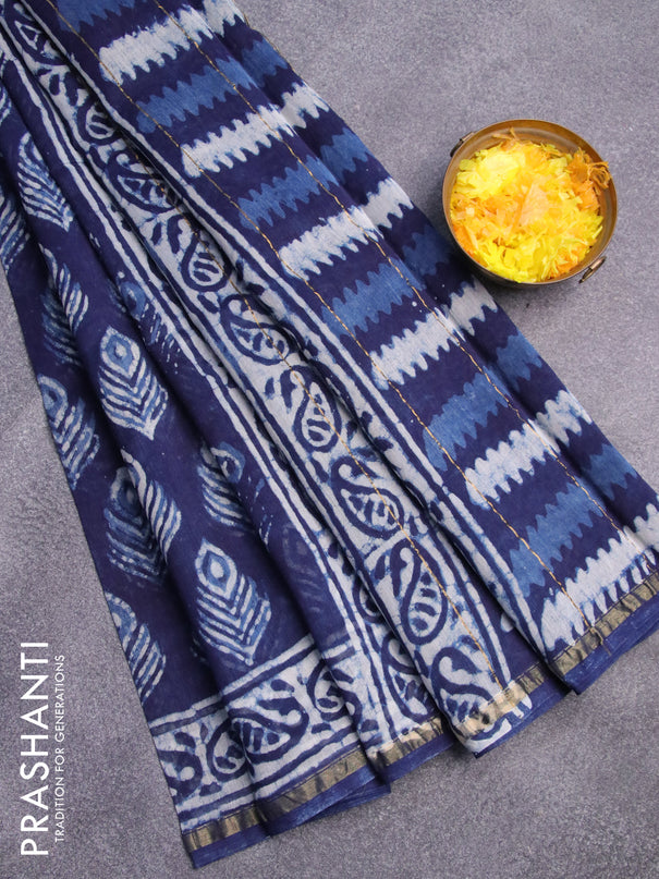 Chanderi bagru saree navy blue and off white with allover butta prints and zari woven piping border