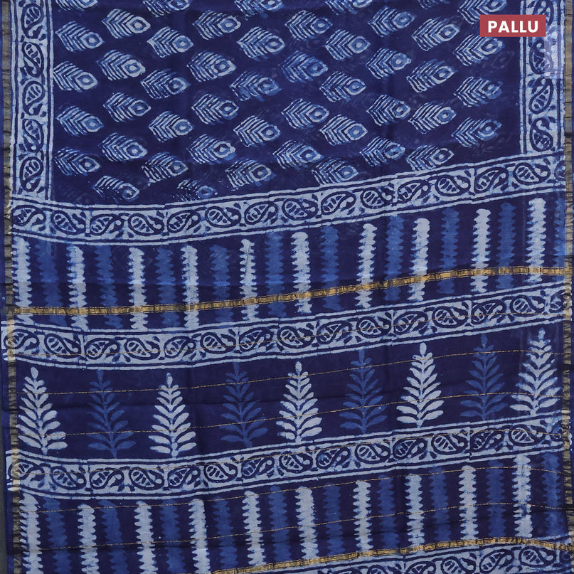 Chanderi bagru saree navy blue and off white with allover butta prints and zari woven piping border