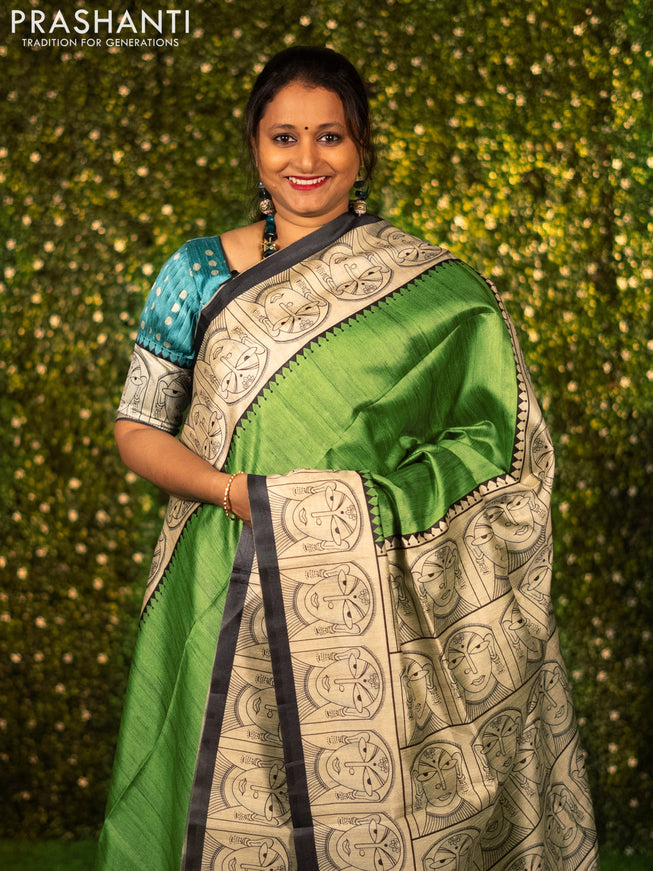 Chappa saree light green and cream with plain body and madhubani printed border