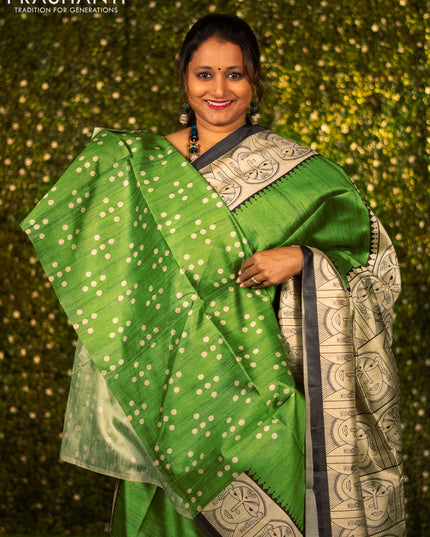 Chappa saree light green and cream with plain body and madhubani printed border