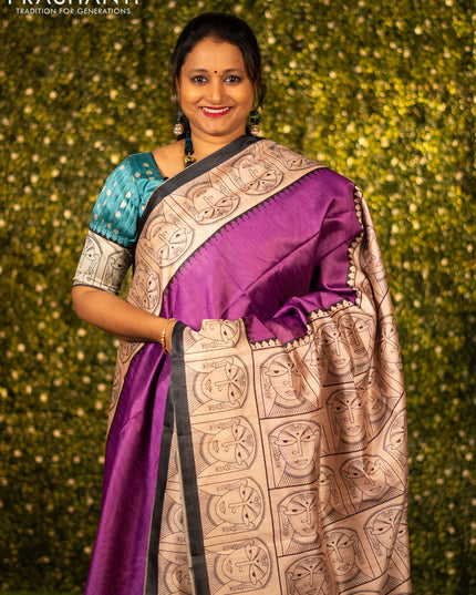 Chappa saree purple and cream with plain body and madhubani printed border