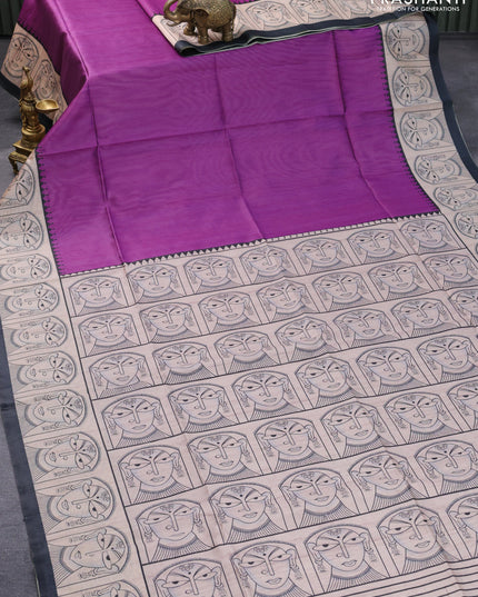 Chappa saree purple and cream with plain body and madhubani printed border