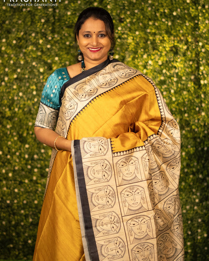 Chappa saree yellow and cream with plain body and madhubani printed border