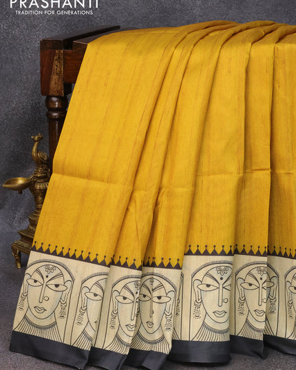 Chappa saree yellow and cream with plain body and madhubani printed border
