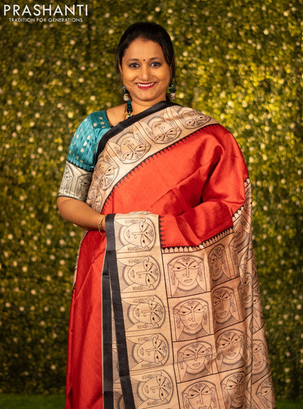 Chappa saree red and sandal with plain body and madhubani printed border