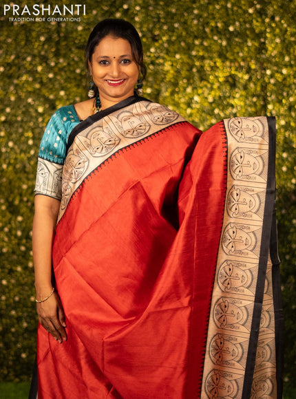 Chappa saree red and sandal with plain body and madhubani printed border