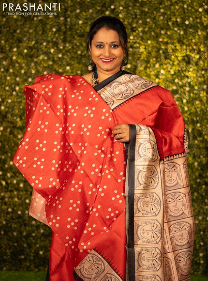 Chappa saree red and sandal with plain body and madhubani printed border