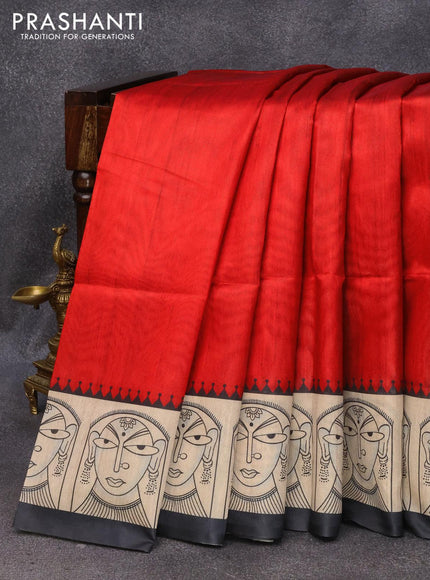 Chappa saree red and sandal with plain body and madhubani printed border