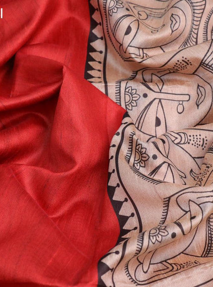 Chappa saree red and sandal with plain body and madhubani printed border