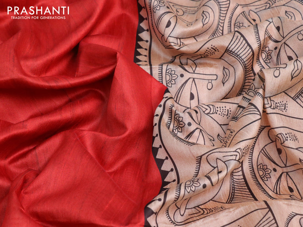 Chappa saree red and sandal with plain body and madhubani printed border
