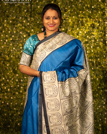 Chappa saree blue and cream with plain body and madhubani printed border
