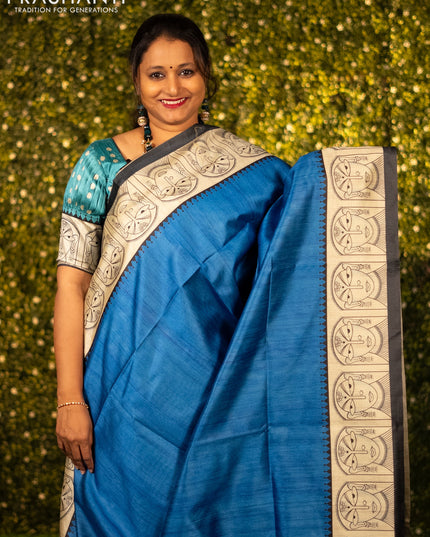 Chappa saree blue and cream with plain body and madhubani printed border