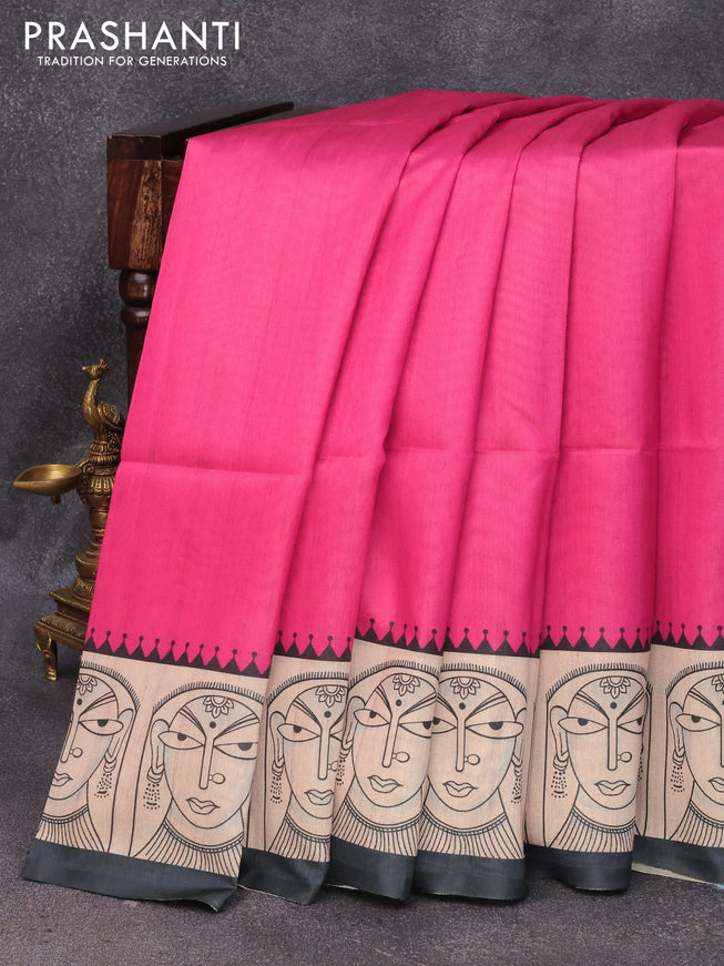 Chappa saree pink and beige with plain body and madhubani printed border