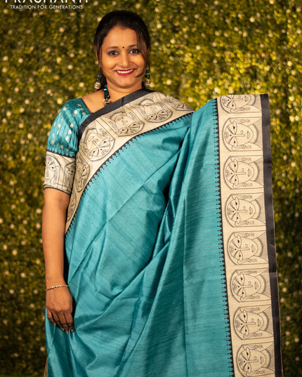 Chappa saree teal blue and cream with plain body and madhubani printed border