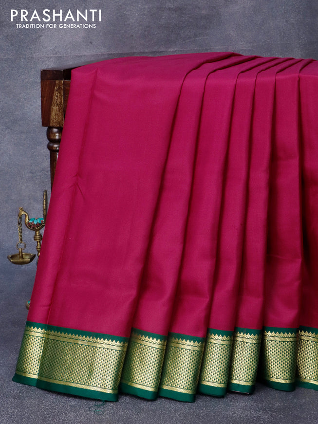 10 yards silk saree magenta pink and green with plain body and zari woven border