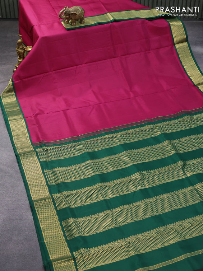 10 yards silk saree magenta pink and green with plain body and zari woven border