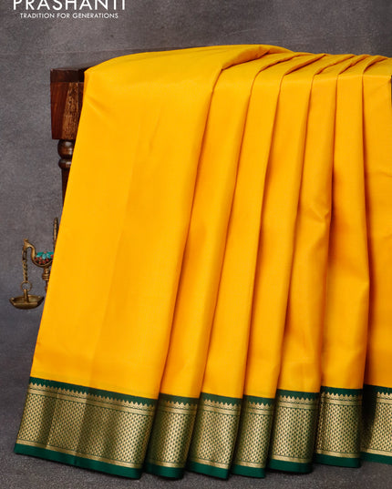10 yards silk saree mustard yellow and dark green with plain body and zari woven border