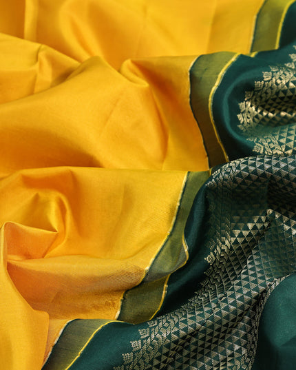 10 yards silk saree mustard yellow and dark green with plain body and zari woven border