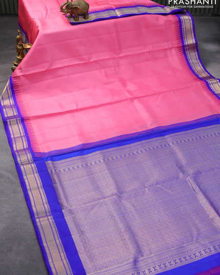 10 yards silk saree pink and royal blue with plain body and temple design zari woven border