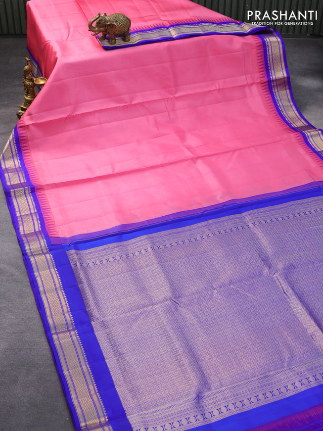 10 yards silk saree pink and royal blue with plain body and temple design zari woven border