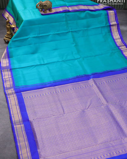 10 yards silk saree dual teal green and royal blue with plain body and temple design zari woven border