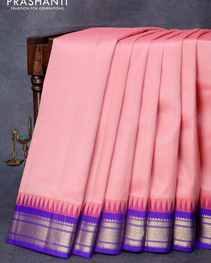 10 yards silk saree light pink and royal blue with plain body and temple design zari woven border