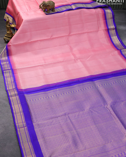 10 yards silk saree light pink and royal blue with plain body and temple design zari woven border