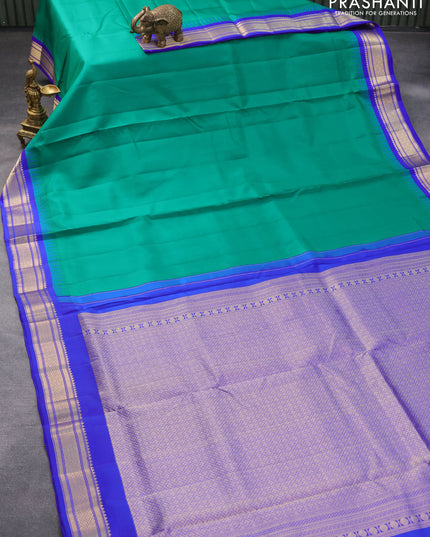10 yards silk saree green and royal blue with plain body and temple design zari woven border