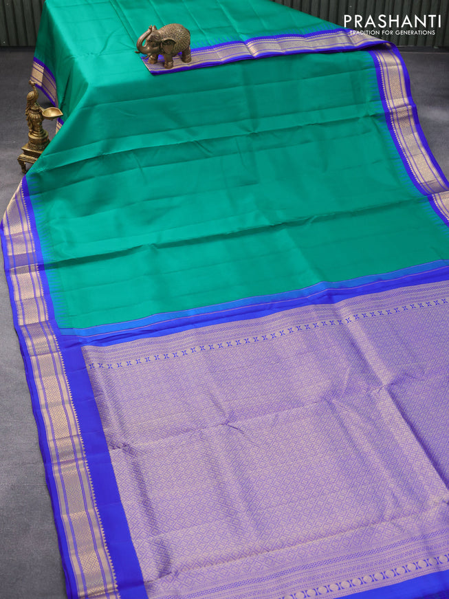 10 yards silk saree green and royal blue with plain body and temple design zari woven border