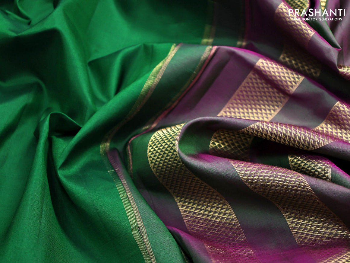 10 yards silk saree green and dual shade of pink with plain body and zari woven border