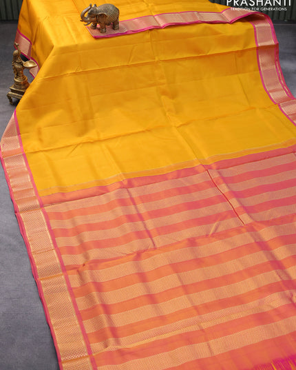 10 yards silk saree mustard yellow and dual shade of pink with plain body and zari woven border