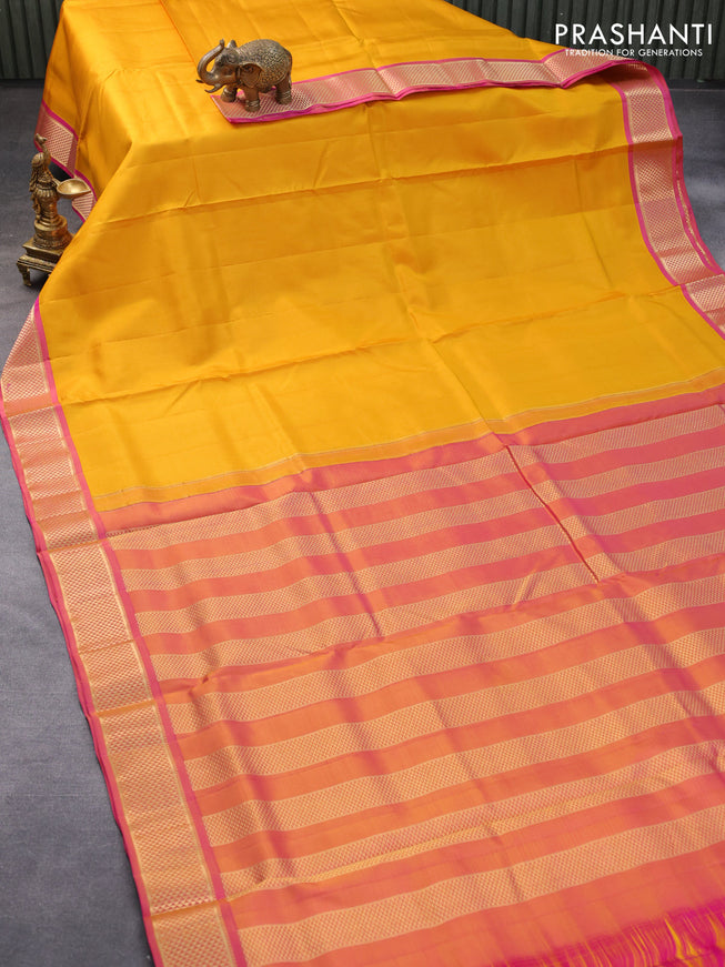 10 yards silk saree mustard yellow and dual shade of pink with plain body and zari woven border