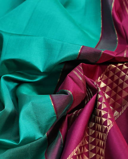10 yards silk saree teal green and magenta pink with plain body and zari woven border