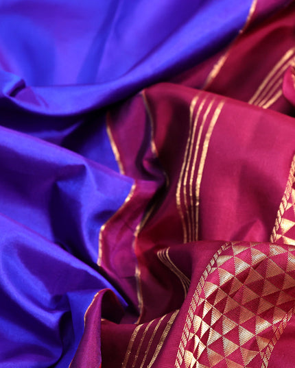 10 yards silk saree blue and dark magenta pink with plain body and zari woven border