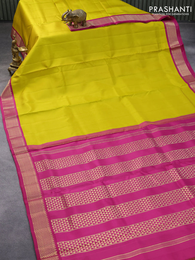 10 yards silk saree lime yellow and pink with plain body and zari woven border