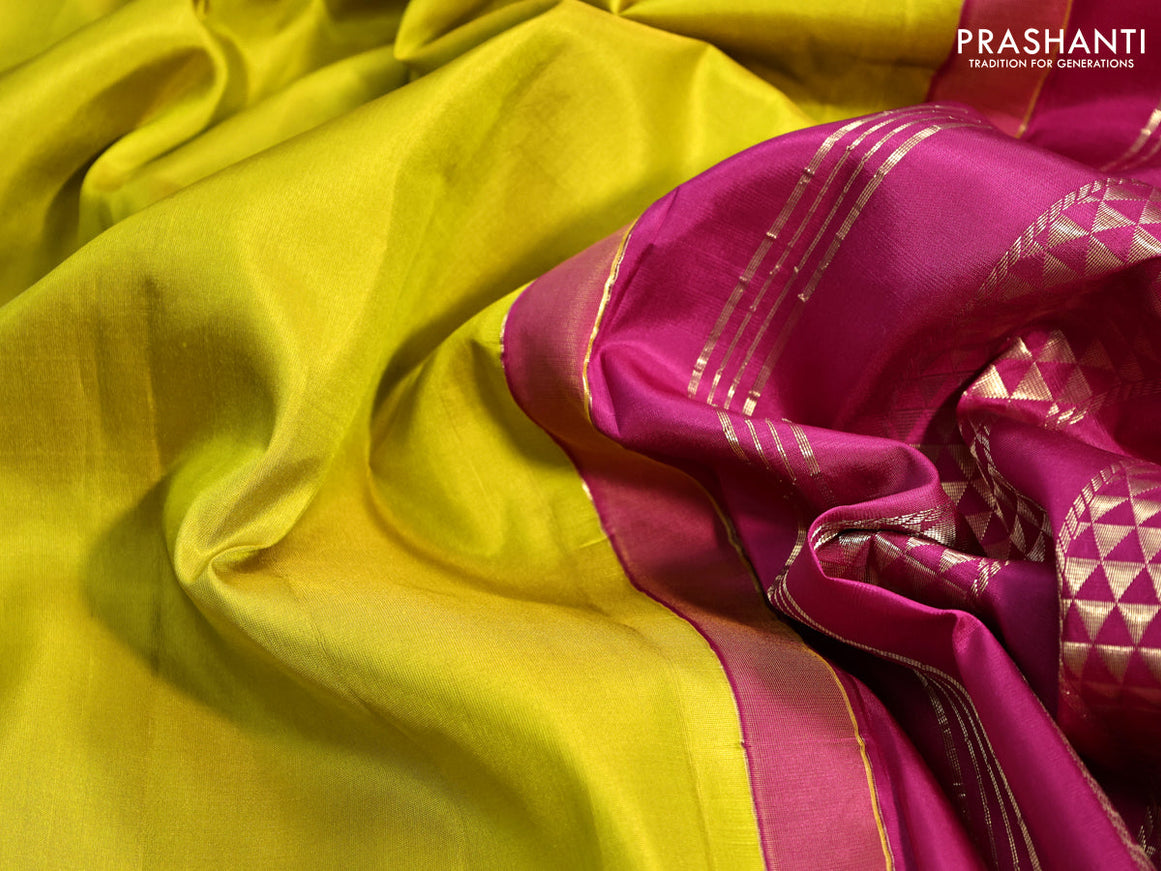 10 yards silk saree lime yellow and pink with plain body and zari woven border