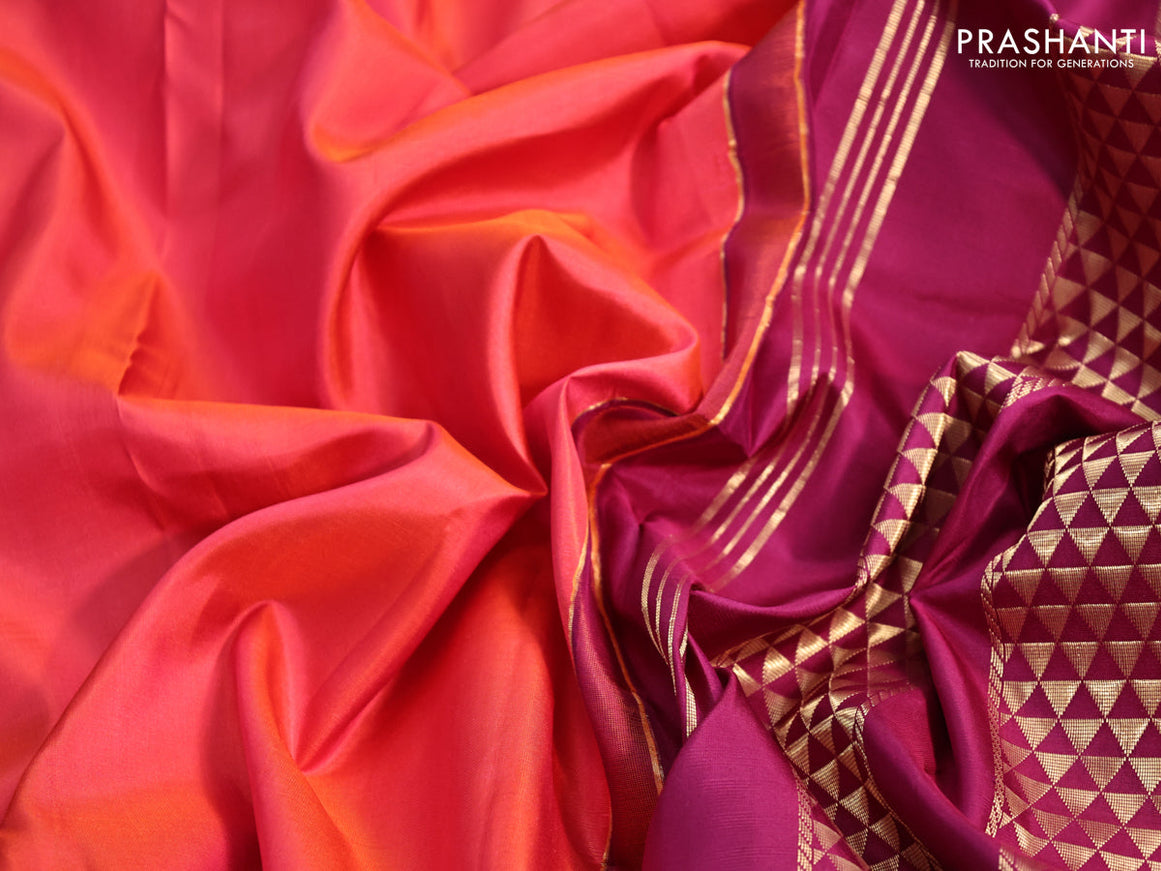 10 yards silk saree dual shade of pinkish orange and dark magenta pink with plain body and zari woven border