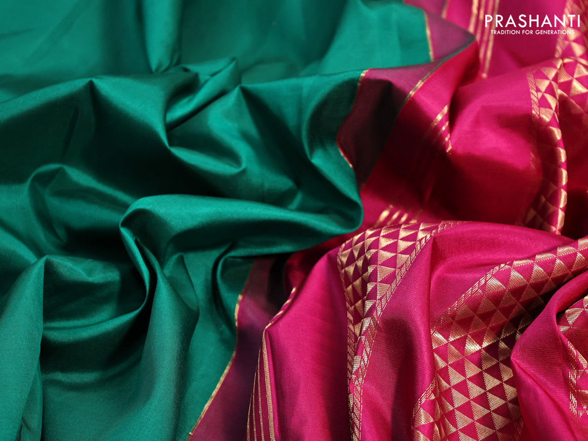 10 yards silk saree green and pink with plain body and zari woven border
